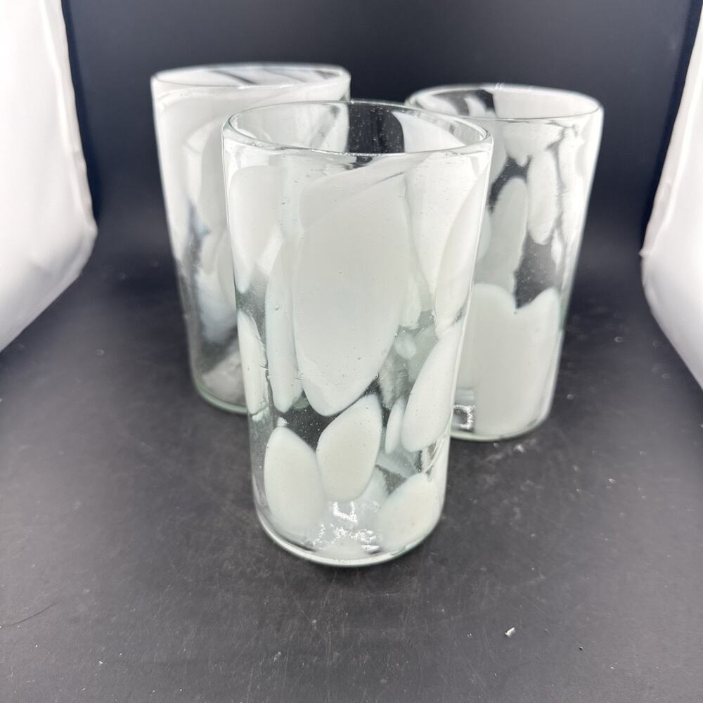 Hand Blown Art Glass Tumblers Set of 3 White Applied Glass Bubbles Artisan